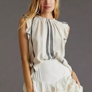 Cloth & Stone Flutter Sleeve Blouse Small Linen Stripe Top Cream Black Boho